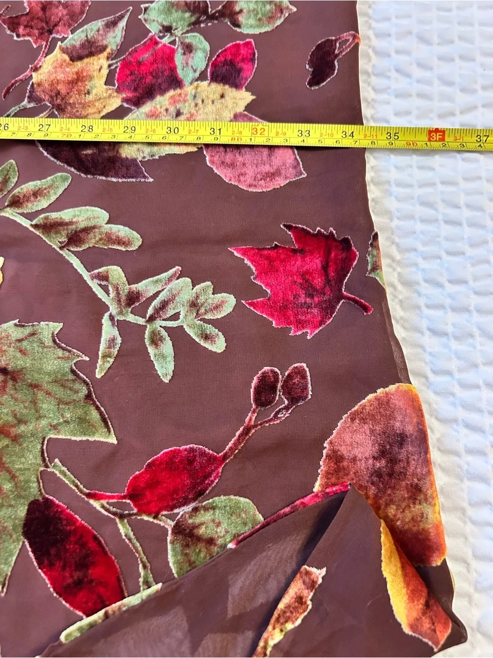 Vintage Autumn Floral Velvet Burnout Scarf in Brown, Red, Gold, Green leaves
